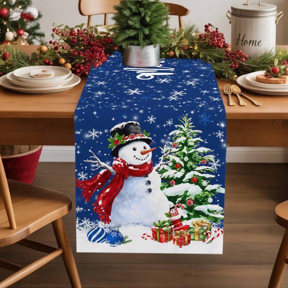 Navy Blue Christmas Cotton Linen Long Table Runner 13 x 108 inch Snowman Xmas Tree Ball Gifts Winter Non-slip Rectangular Dining Table Decor for Wedding Party Holiday Dinner