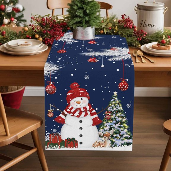 Navy Blue Christmas Cotton Linen Small Table Runner 13 x 48 inch Snowman Xmas Balls Pine Needle Tree Non-slip Rectangular Dining Table Decor for Wedding Party Holiday Dinner