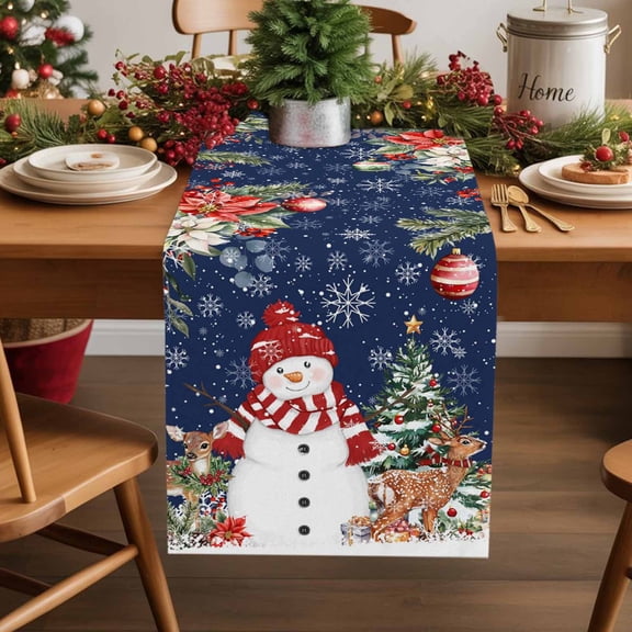 Navy Blue Christmas Cotton Linen Table Extra Long Runner 13 x 120 inch Snowman Xmas Tree Poinsettia Eucalyptus Non-slip Rectangular Dining Table Decor for Wedding Party Holiday Dinner