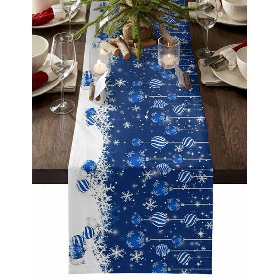 Navy Blue Christmas Cotton Linen Table Runner for Dining Kitchen, Weeping Xmas Ball Snowflake Winter Wedding Outdoor Party Tablerunners Decoration, Dresser Scarf Coffee Tablecloth Runners 13"x48"