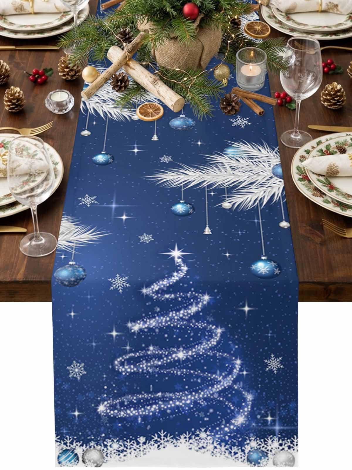 Navy Blue Christmas Cotton Linen Table Runner Shiny Star Tree Xmas ...