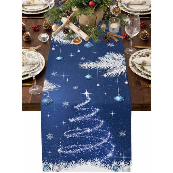 Navy Blue Christmas Cotton Linen Table Runner Shiny Star Tree Xmas ...