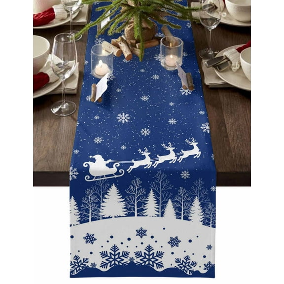 Navy Blue Christmas Dresser Scarf Farmhouse, Dining Table Decorations for Wedding/Parties, Xmas Elk Tree Snowflake Table Runner 48 Inches Long for Kitchen Dining, 13 x 48 In