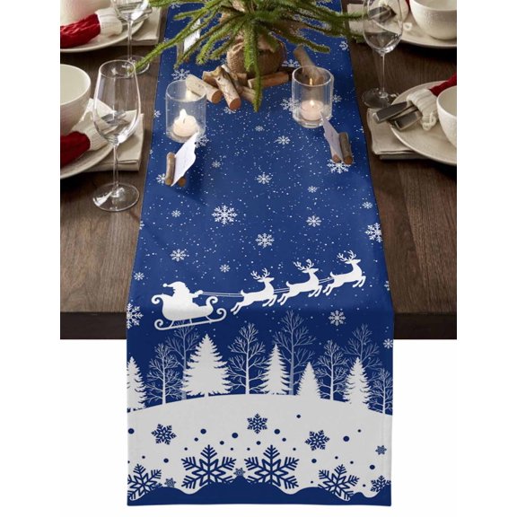 Navy Blue Christmas Dresser Scarf Farmhouse, Dining Table Decorations for Wedding/Parties, Xmas Elk Tree Snowflake Table Runner 90 Inches Long for Kitchen Dining, 13 x 90 In