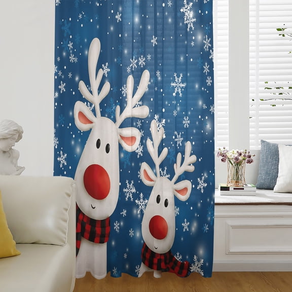 Navy Blue Christmas Elk Sheer Curtains 45 Inch Length, Light Filtering Voile Curtain Panel, Xmas Snowflake Winter Ombre Rod Pocket Drapes Window Treatments for Living Room Bedroom 52"x45"
