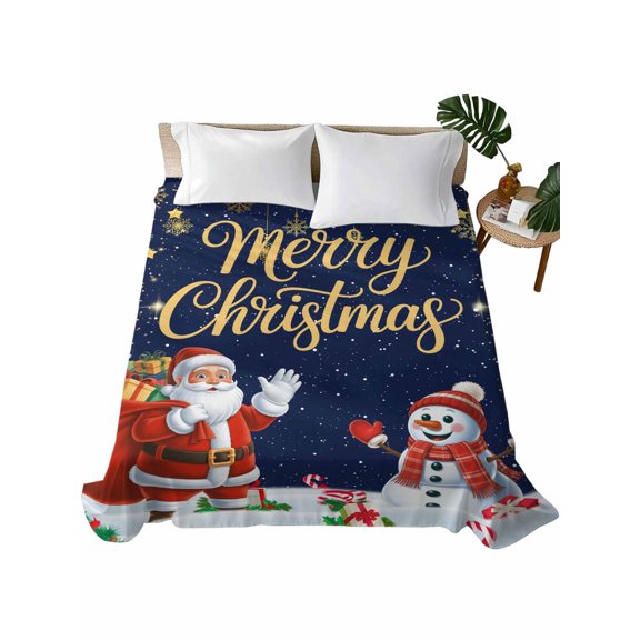 Navy Blue Christmas Flat Sheet Only Twin Size, Soft Breathable Bed Top Sheets for Mattress, Santa Snowman Xmas Gifts Snowflake Winter Luxury Bedding Flat Sheets for Home Hotel Bedroom Bed Protection