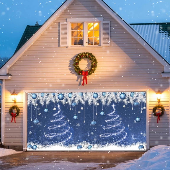 Navy Blue Christmas Garage Door Banner Covers, Shiny Star Tree Xmas Balls Snow Pine Leaf Large Hanging Indoor/Outdoor Backdrop Background for Christmas Winter Party Decor, 6x13 FT