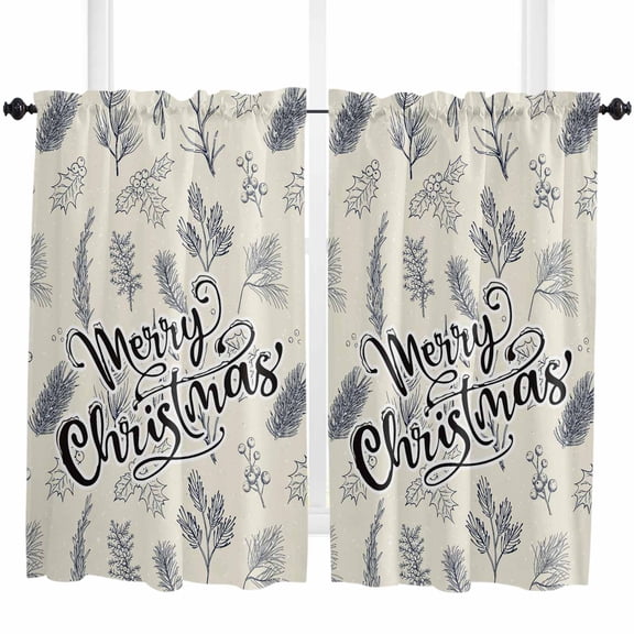Navy Blue Christmas Kitchen Curtain 2 Panels Curtains 45 Inch Length, Xmas Botanical Rustic Curtains Rod Pocket Curtains Window Drapes Treatment Window Cafe Curtains