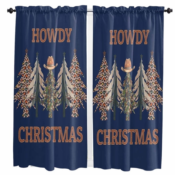 Navy Blue Christmas Kitchen Curtain 2 Panels Curtains 63 Inch Length, Cowboy Leopard Xmas Tree Vintage Curtains Rod Pocket Curtains Window Drapes Treatment Window Cafe Curtains