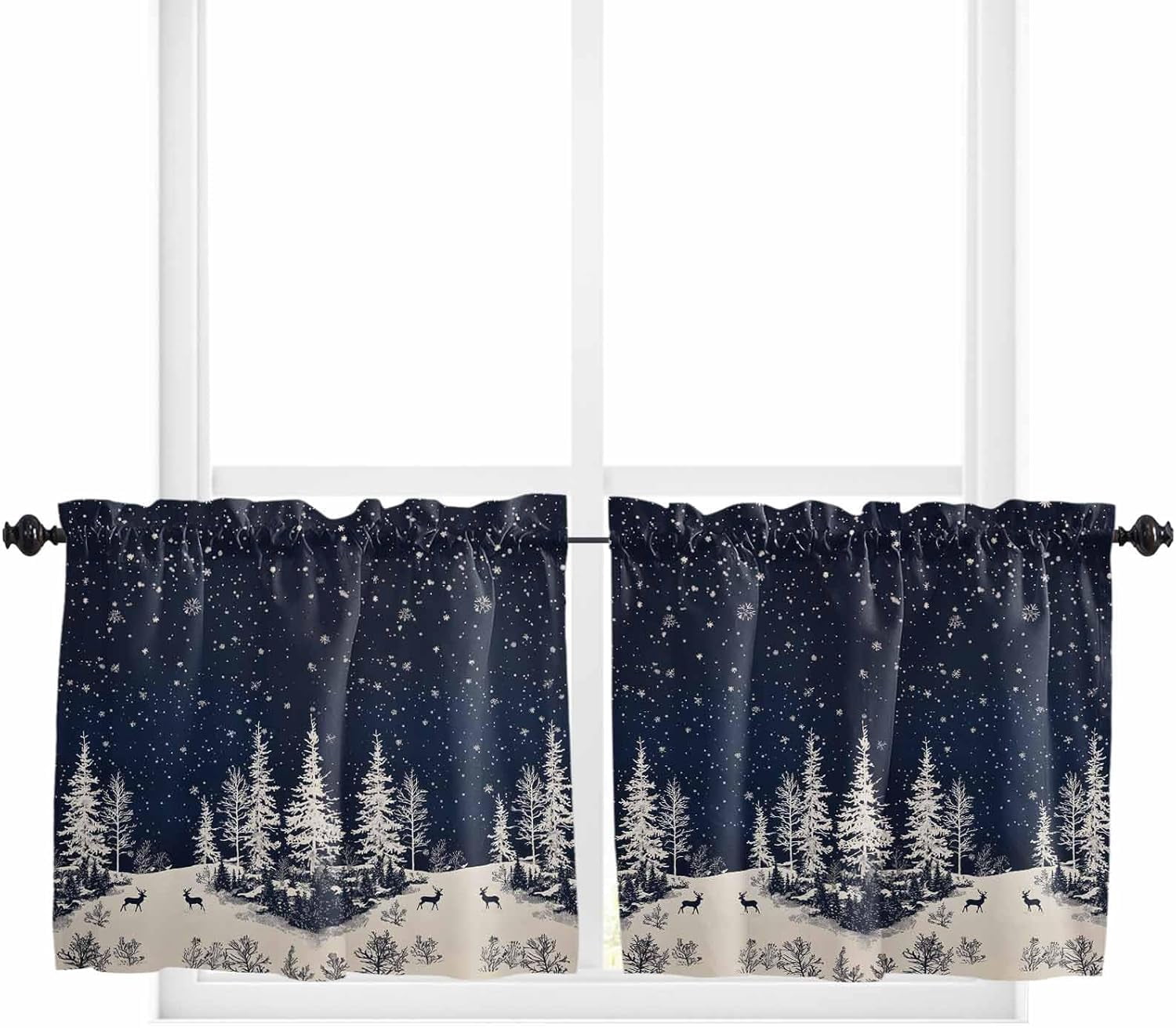 Navy Blue Christmas Kitchen Curtain 2 Panels Tiers Curtains 36 Inch ...