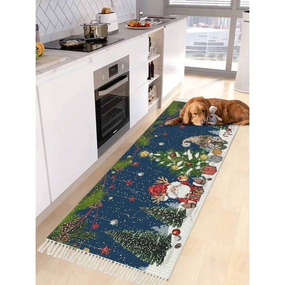 Navy Blue Christmas Kitchen Runner Rug 2x6 Bedside Rug with Tassel Cotton Woven Throw Rugs Washable Hallway Runner Rugs Gnomes Xmas Tree Snowflake Winter Gifts Floor Carpet for Bedroom Bathroom