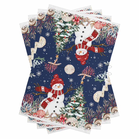 Navy Blue Christmas Kitchen Towels Set of 4, Water Absorbent Dish Towel, Snowman Xmas Tree Coastal Snowflake Starfish Decorative Hand Towels - Quick Drying Cloth for Cooking Baking, 18x28 Inch