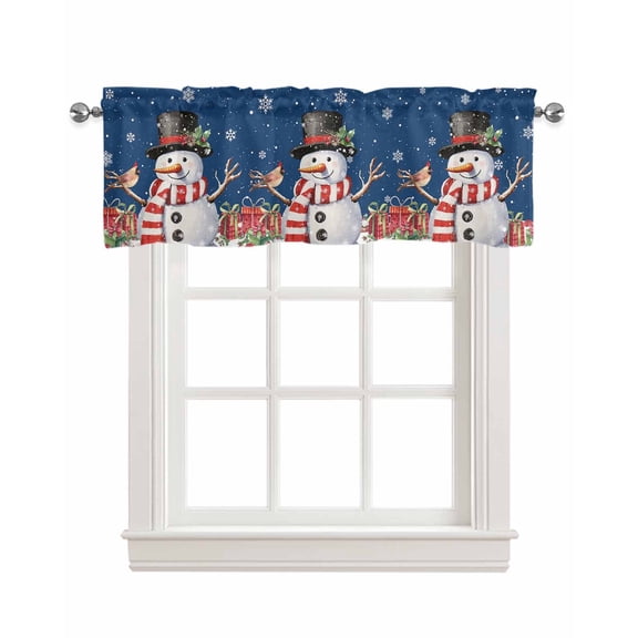 Navy Blue Christmas Linen Curtain Valance for Bedroom/Bathroom/Kitchen/Office/Living/Dining Room Window,Xmas Snowman Birds Berry Winter Snowflake Rod Pocket Topper Decorative Cafe Drapes Panel 42x12