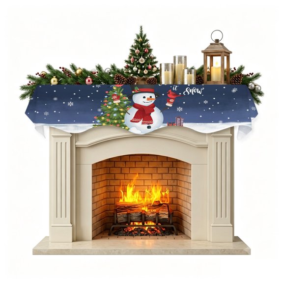 Navy Blue Christmas Mantel Scarf Fireplace Decorations for Living Room, Gifts Xmas Tree Snowman Snowflake Winter Fireplace Mantel Scarf Cover Runner for Halloween/Thanksgiving/Christmas Decor 60"x17"