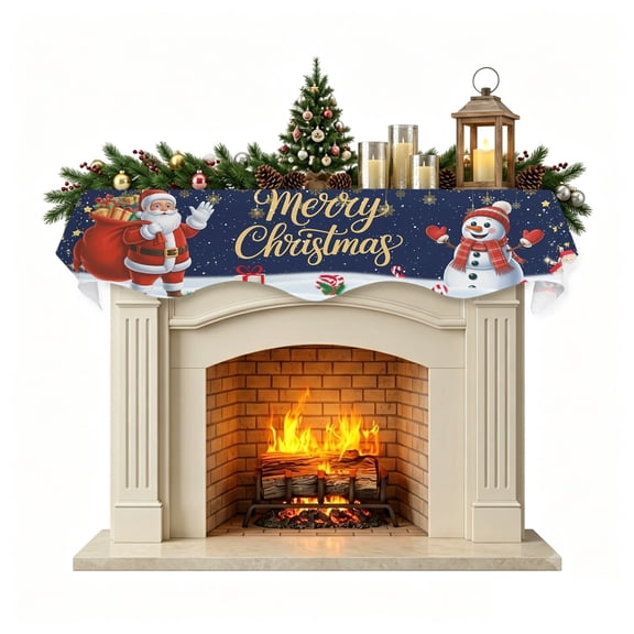 Navy Blue Christmas Mantel Scarf Fireplace Decorations for Living Room, Santa Snowman Xmas Gifts Snowflake Winter Fireplace Mantel Scarf Cover Runner for Thanksgiving/Christmas Decor 60"x17"