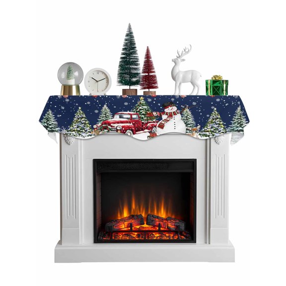 Navy Blue Christmas Mantel Scarf Fireplace Decorations for Living Room, Snowman Xmas Truck Balls Tree Fireplace Mantel Scarf Cover Runner for Halloween/Thanksgiving/Christmas Decor 60"x17"
