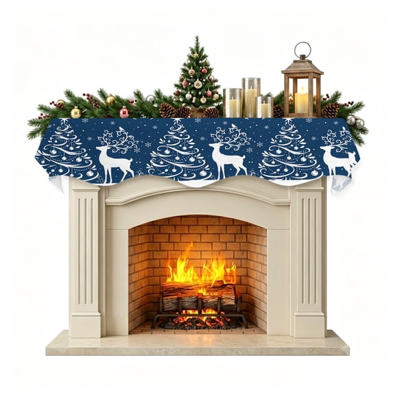 Navy Blue Christmas Mantel Scarf Fireplace Decorations for Living Room, Xmas Tree Elk Snowflake Winter Fireplace Mantel Scarf Cover Runner for Halloween/Thanksgiving/Christmas Decor 70"x17"