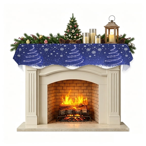 Navy Blue Christmas Mantel Scarf Fireplace Decorations for Living Room, Xmas Tree Snowflake Winter Abstract Fireplace Mantel Scarf Cover Runner for Halloween/Thanksgiving/Christmas Decor 90"x17"