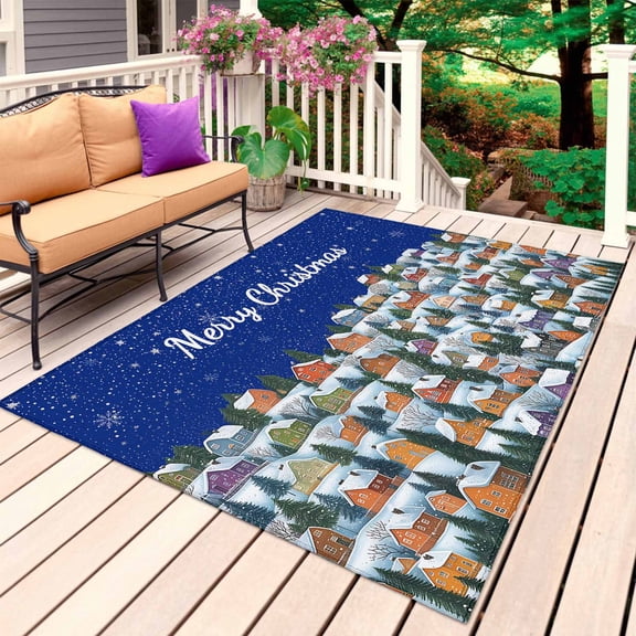 Navy Blue Christmas Outdoor Rug for Patio/Deck/Porch, Non-Slip Large Area Rug 4 x 6 Ft, Farmhouse Xmas Snowflake Indoor Outdoor Rugs Washable Area Rugs, Reversible Camping Rug Carpet Runner