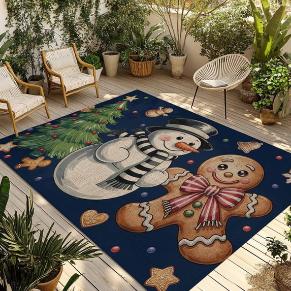 Navy Blue Christmas Outdoor Rug for Patio/Deck/Porch, Non-Slip Large Area Rug 4 x 6 Ft, Xmas Tree Gingerbread Snowman Winter Indoor Outdoor Rugs Washable Area Rugs, Camping Rug Carpet Runner