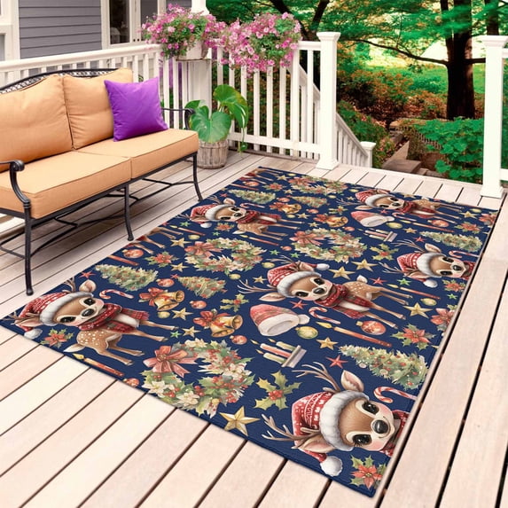 Navy Blue Christmas Outdoor Rug for Patio/Deck/Porch, Non-Slip Large Area Rug 5 x 7 Ft, Elk Xmas Tree Wreath Balls Bell Indoor Outdoor Rugs Washable Area Rugs, Reversible Camping Rug Carpet Runner