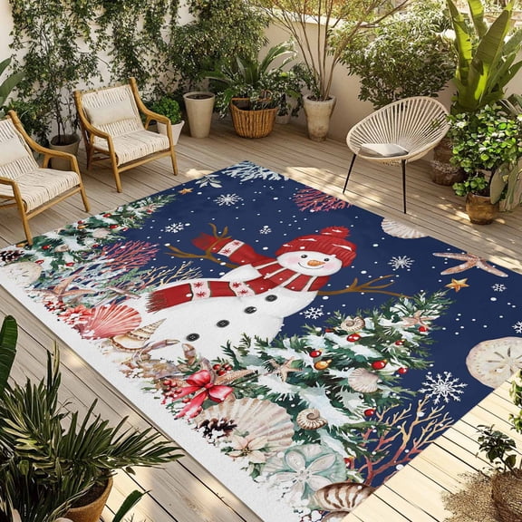 Navy Blue Christmas Outdoor Rug for Patio/Deck/Porch, Non-Slip Large Area Rug 6 x 9 Ft, Snowman Xmas Tree Coastal Snowflake Starfish Indoor Outdoor Rugs Washable Area Rugs, Camping Rug Carpet Runner