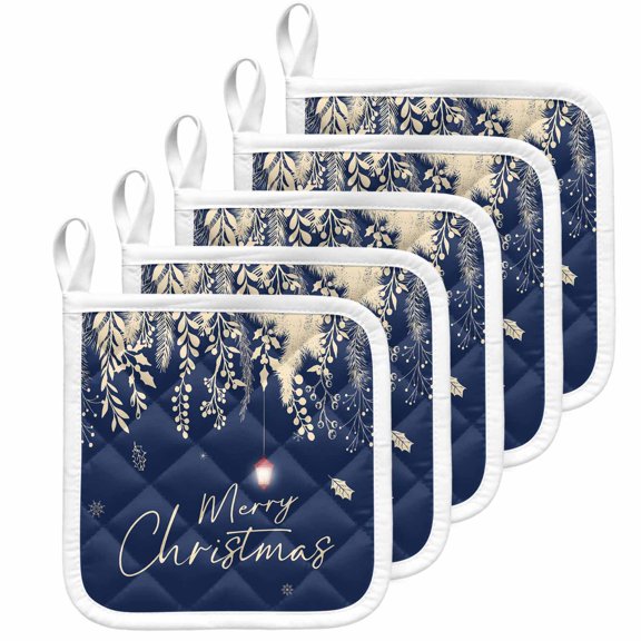 Navy Blue Christmas Pot Holders for Kitchen Heat Insulation Potholder, Botanical Snowflake Xmas Vintage Kitchen Pot Holders Sets Washable Oven Hot Pads Cloth Trivet for Cooking Baking 5 Pack
