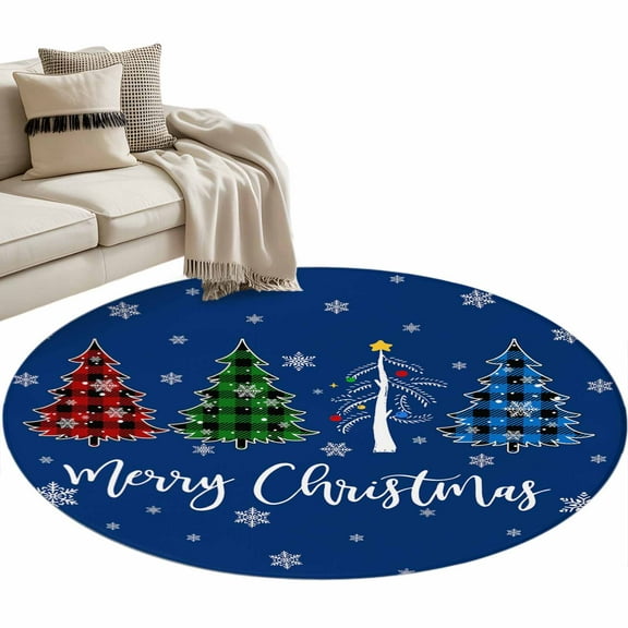 Navy Blue Christmas Round Area Rug 3 FT, Small Kitchen Bathroom Mat, Xmas Tree Winter Snowflake Washable Indoor Outdoor Throw Runner Carpet Non-Shedding Doormat for Table Shower Sofa Entryway
