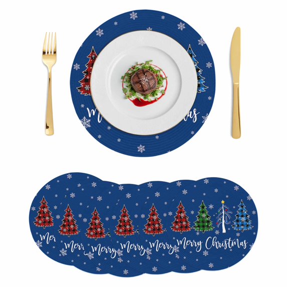 Navy Blue Christmas Round Placemats Set of 6, Braided Polypropylene Place Mats, Xmas Tree Winter Snowflake Washable Table Mats for Kitchen Dinner Holiday Wedding Party Coffee Table Decoration 15"