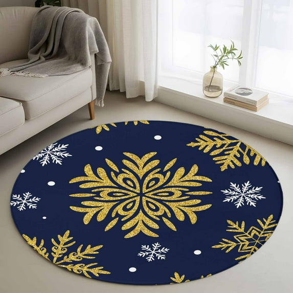 Navy Blue Christmas Round Rug 3ft Washable Circle Entryway Rugs Non Slip Winter Xmas Snowflakes Textured Area Rug Indoor Floor Carpet for Bedroom Kitchen Living Room Home Office Dining Room Nursery