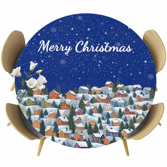 Navy Blue Christmas Round Tablecloth 55-60 Inch Round Fitted Table Cloth with Elastic Edge, Farmhouse Xmas Snowflake Waterproof Table Cover Protector for Outdoor Picnic Party Dining
