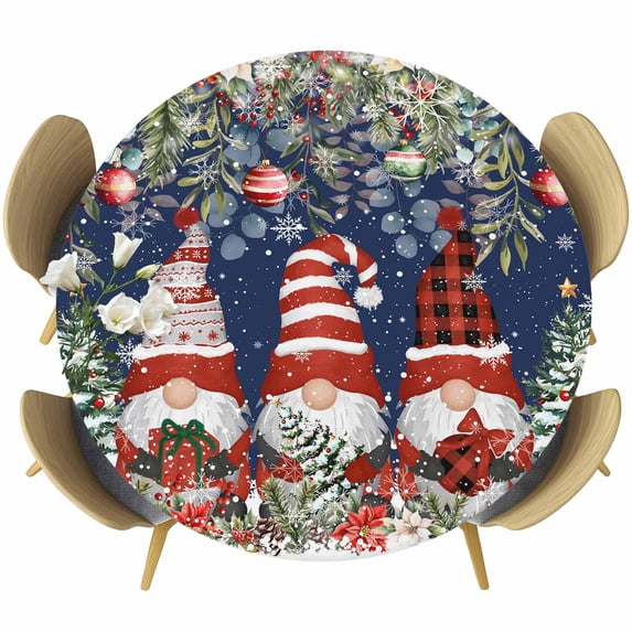 Navy Blue Christmas Round Tablecloth, Fitted Table Cover with Elastic for 36"-44" Round Tables, Gnomes Xmas Tree Poinsettia Eucalyptus Table Cloth Outdoor Indoor Dinning Party Waterproof Tablecloths