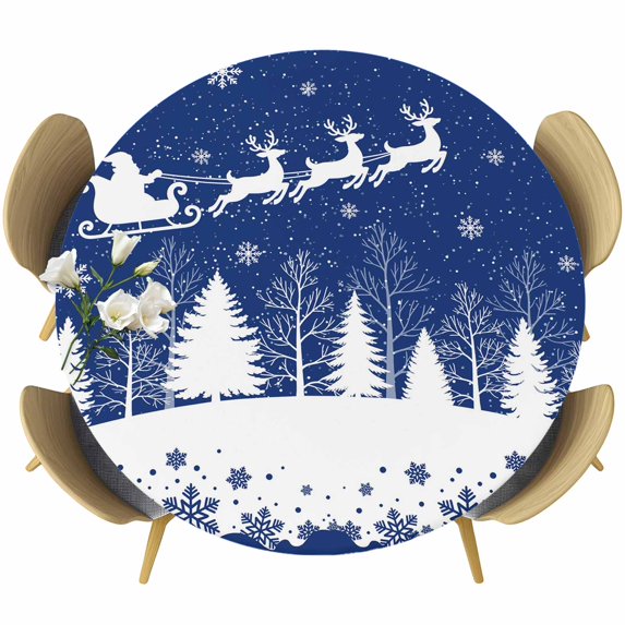 Navy Blue Christmas Round Tablecloth, Fitted Table Cover with Elastic for 45"-54" Round Tables, Xmas Elk Tree Snowflake Forest Table Cloth Outdoor Indoor Dinning Party Waterproof Tablecloths
