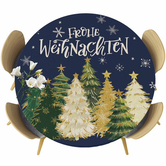 Navy Blue Christmas Round Tablecloth, Fitted Table Cover with Elastic for 55"-60" Round Tables, Xmas Tree Snowflakes Winter Table Cloth Outdoor Indoor Dinning Party Waterproof Tablecloths