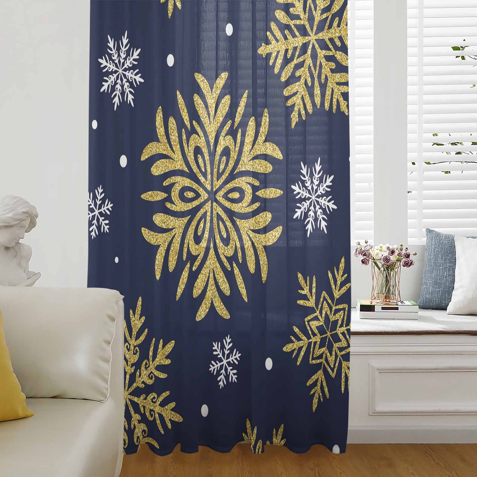 Navy Blue Christmas Semi Sheer Curtains Drapes for Living Room, Bedroom ...