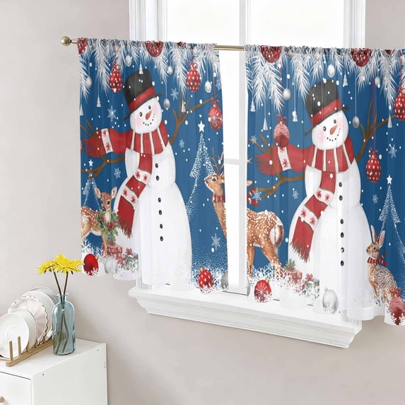 Navy Blue Christmas Sheer Curtains 54 Inch Length 2 Panels Set, Snowman Elk Balls Snowflake Xmas Voile Window Treatment Rod Pocket Short Kitchen Curtains Drapes for Bedroom 52"x54"x2