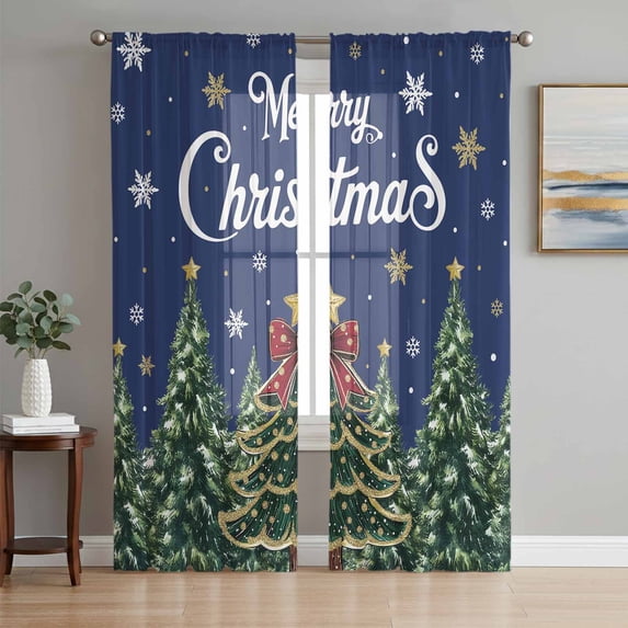 Navy Blue Christmas Sheer Curtains 63 Inch Length 2 Panels Set Window Treatments, Green Xmas Tree Snowflake Winter Rod Pocket Semi Curtains for Living Room/Bedroom/Kitchen Décor, 104"W x 63"L