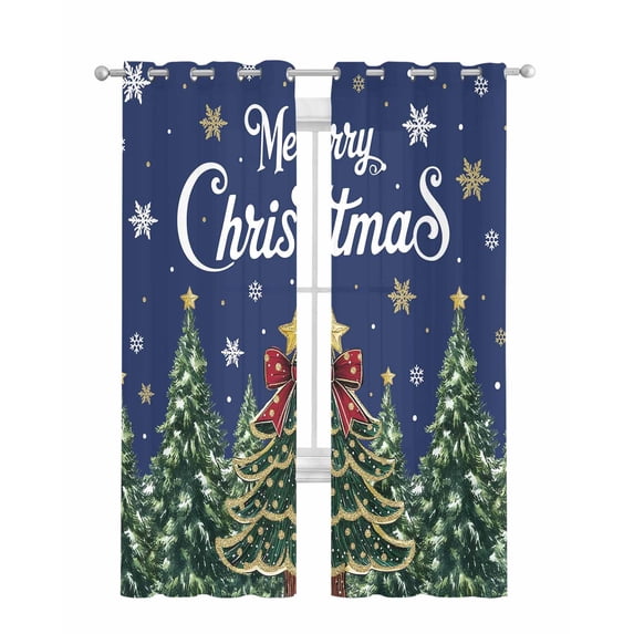 Navy Blue Christmas Sheer Curtains 84 Inch Length 2 Panels Set for Living Room/Bedroom, Green Xmas Tree Snowflake Winter Kitchen Curtains Grommet Semi-Sheer Curtains Window Treatments 42"x84"x2