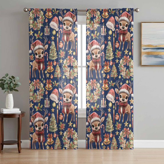 Navy Blue Christmas Sheer Curtains 96 Inch Length 2 Panels Set, Elk Xmas Tree Wreath Balls Bell Voile Window Treatment Semi Sheer Long Curtains Drapes for Bedroom/Living Room/Kitchen 52"x96"x2