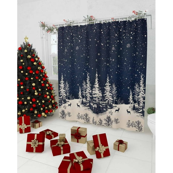 Navy Blue Christmas Shower Curtain, Forest Reindeer Winter Snowflake Waterproof Washable Boho Funny Cute Shower Curtains Set for Bathroom Farmhouse Bathtubs Decor with Hook, 72"Wx84"L