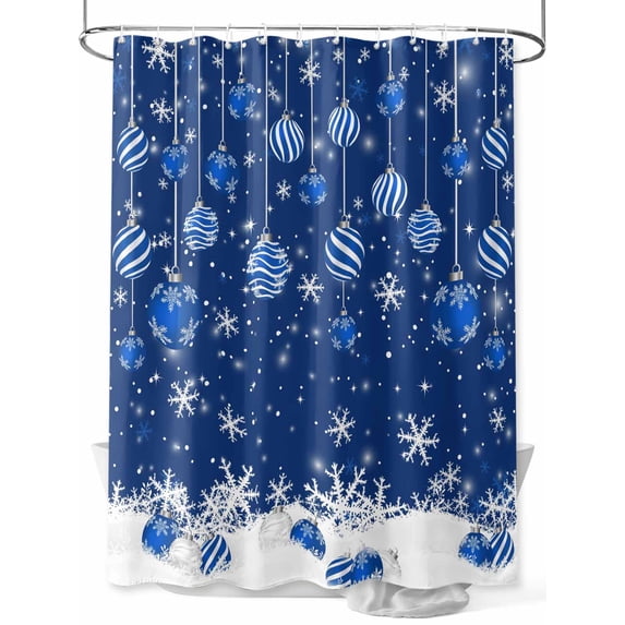 Navy Blue Christmas Small Stall Shower Curtain, Waterproof Shower Curtains for Bathroom, Weeping Xmas Ball Snowflake Winter Washable Fabric Cloth Bath Curtain for Bathtub with Hooks 36x78 Inches