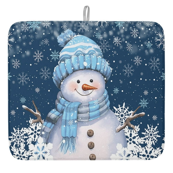 Navy Blue Christmas Snowman Dish Drying Mat, Winter Snowflakes Absorbent Dish Drying Matt Pad for Kitchen Countertops,Sinks,Dish Drainer Racks, Small 16x18inx1PC,,