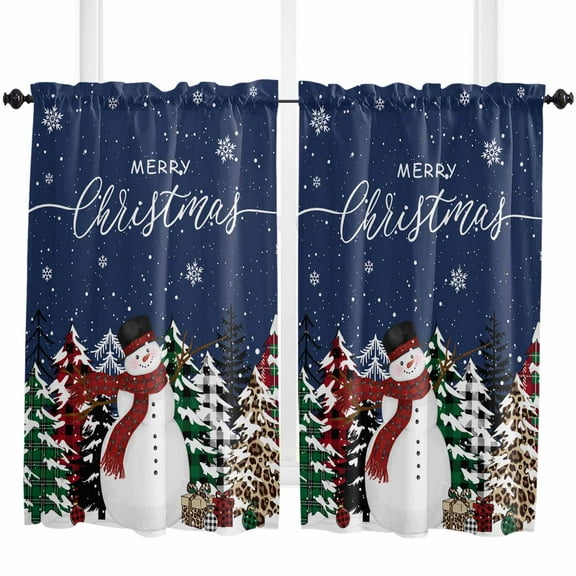 Navy Blue Christmas Snowman Kitchen Curtain 2 Panels Curtains 54 Inch Length, Snowflake Xmas Trees Curtains Rod Pocket Curtains Window Drapes Treatment Window Cafe Curtains