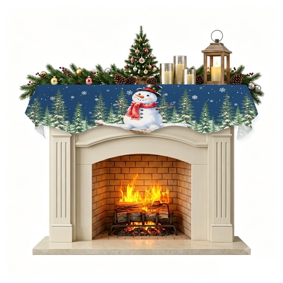 Navy Blue Christmas Snowman Mantel Scarf Fireplace Decorations for Living Room, Xmas Tree Snowflake Winter Fireplace Mantel Scarf Cover Runner for Halloween/Thanksgiving/Christmas Decor 60"x17"