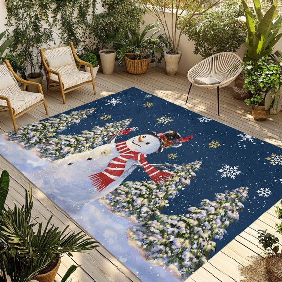 Navy Blue Christmas Snowman Outdoor Rug 4x6 Ft - Reversible Patio Rug Outdoor Camping Rugs, Winter Xmas Tree Snowflakes Indoor Outdoor Area Rugs, Non-Slip Outdoor Carpet Runner for Deck/Porch