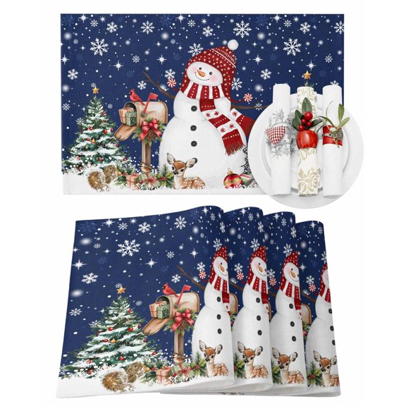 Navy Blue Christmas Snowman Placemats Set of 1 Xmas Tree Elk Balls Snowflake Heat Insulation Washable Place Mats, Rustic Non-Slip Table Mats for Dining Table Party Kitchen Decor,13x19 Inch
