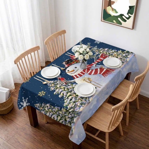Navy Blue Christmas Snowman Table Cloth Waterproof Tablecloths, Winter Xmas Tree Snowflakes Tablecloth Dining Table Cover for Kitchen Party Tabletop Outdoor, Rectangle Tablecloth 60x84 Inch