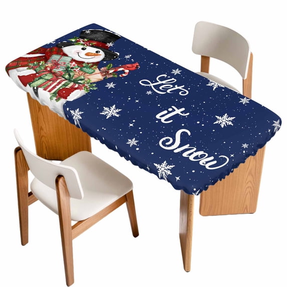 Navy Blue Christmas Snowman Table Cloths for 4 Foot Rectangle Tables, Xmas Botanical Birds Snowflake Patio Waterproof Elastic Fitted Tablecloths, Washable Rectangular Table Cover for Camping