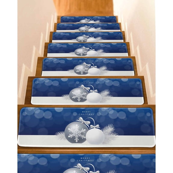 Navy Blue Christmas Stair Treads for Wooden Steps Indoor Runner Rug Carpet, Xmas Balls Pine Needles Snowflakes 4 Pieces Peel and Stick Staircase Step Treads Covers Washable Throw Door Mats, 30"x8"