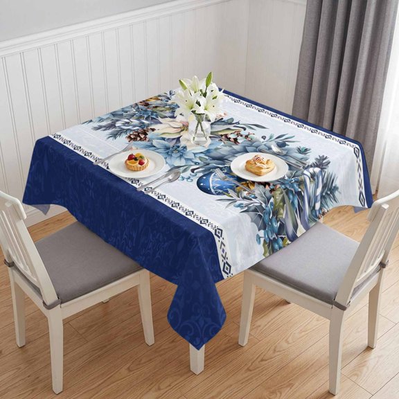 Navy Blue Christmas Table Cloth Waterproof Tablecloths, Poinsettia Xmas Ball Berry Winter Tablecloth Dining Table Cover for Kitchen Party Tabletop Outdoor, Square Tablecloth 54x54 Inch